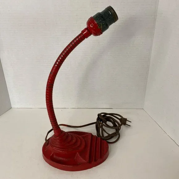 Industrial Art Deco red desk lamp cast iron gooseneck no shade 13" - Picture 5 of 11
